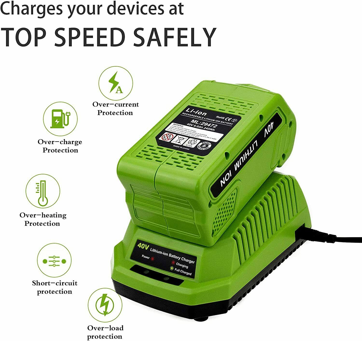 29482 Charger for GreenWorks 40 Volt G-MAX Lithium Battery 29482 Charger for GreenWorks 40 Volt G-MAX Lithium Battery